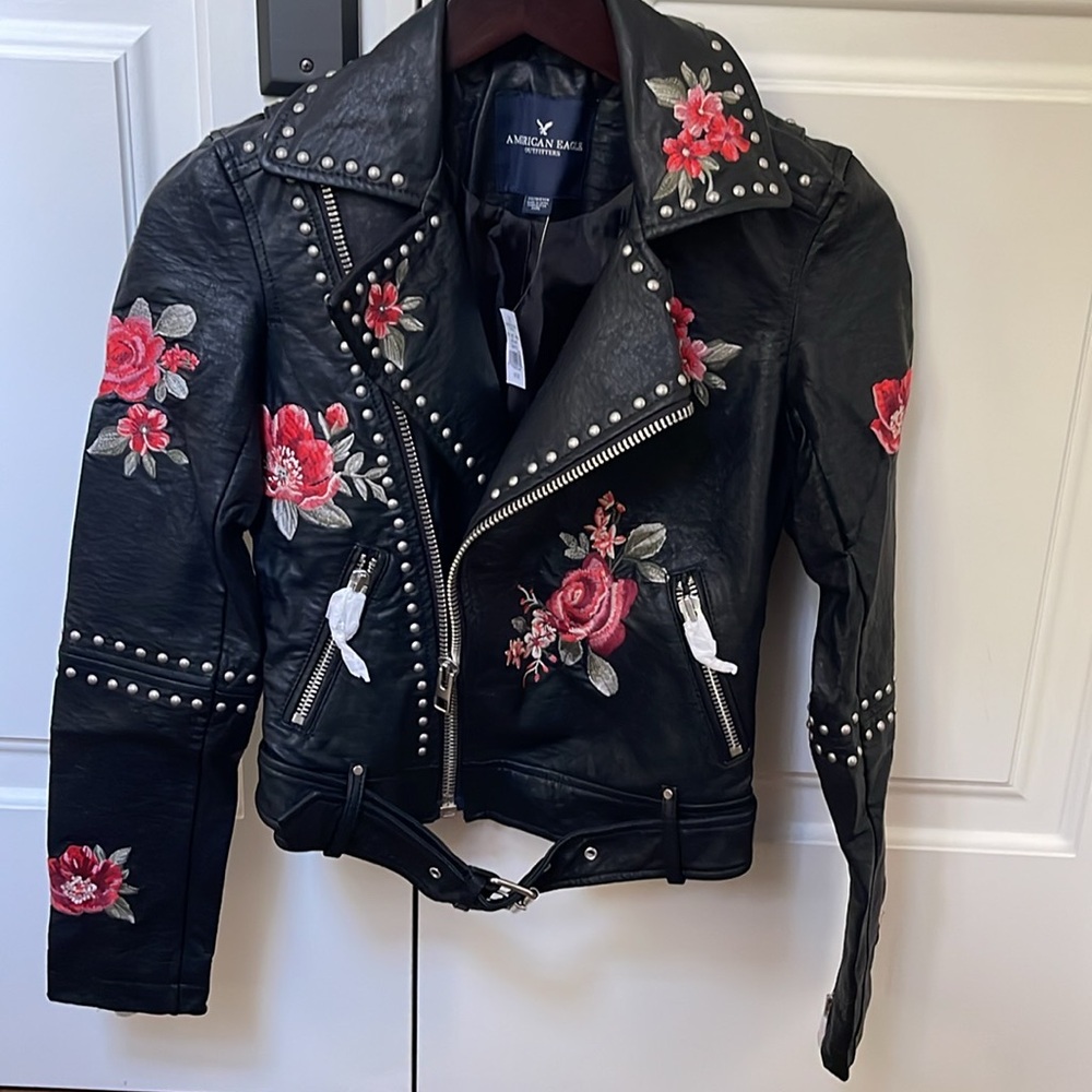 Faux Leather Embroidered Biker Jacket by American Eagle
